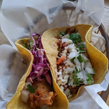Tope - Delicious fish taco on the left and O' so satisfying chicken things on the right. Mmmmm..... - Bars Near Me - Portland, Oregon Tope - Delicious fish taco on the left and O' so satisfying chicken things on the right. Mmmmm..... - Bars Near Me - Portland, Oregon