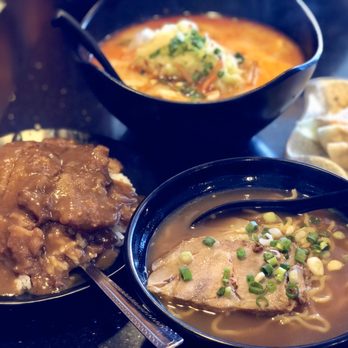 Ramen-Ya - Combo A with chicken katsu curry, ramen and gyoza (spicy seafood ramen in background) - Ramen Near Me - Honolulu, Hawaii Ramen-Ya - Combo A with chicken katsu curry, ramen and gyoza (spicy seafood ramen in background) - Ramen Near Me - Honolulu, Hawaii