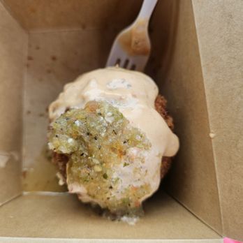 OBRA HandBakery - Potato ball topped with the green sauce and aioli - Latin American Near Me - Long Beach, California OBRA HandBakery - Potato ball topped with the green sauce and aioli - Latin American Near Me - Long Beach, California