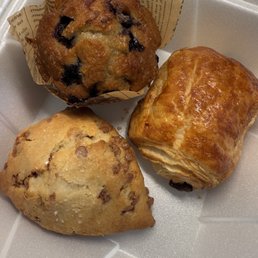 Blueberry muffin, apple cinnamon scone & chocolate croissant. Blueberry muffin, apple cinnamon scone & chocolate croissant.