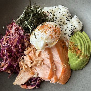 Stowaway Kitchen - Salmon bowl. Mix it all up for a nice balance! - Breakfast & Brunch Near Me - Denver, Colorado Stowaway Kitchen - Salmon bowl. Mix it all up for a nice balance! - Breakfast & Brunch Near Me - Denver, Colorado