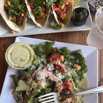 The Tomato Shack salad & pizza co, Manayunk - HOP "Fish" Tacos (plant-based) & Ceasar Salad w/ roasted peppers - Pizza Near Me - Philadelphia, Pennsylvania The Tomato Shack salad & pizza co, Manayunk - HOP "Fish" Tacos (plant-based) & Ceasar Salad w/ roasted peppers - Pizza Near Me - Philadelphia, Pennsylvania