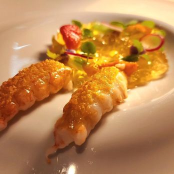 Gusto by Heinz Beck - Lamgoustine w/nduja crust, tomato water gazpacho and vegetables - Mediterranean Near Me - Almancil, 08 Gusto by Heinz Beck - Lamgoustine w/nduja crust, tomato water gazpacho and vegetables - Mediterranean Near Me - Almancil, 08