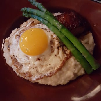Owen's Bistro - Pork belly with green Chile cheese rice, egg, and asparagus.  Ah-maze-zing! - New American Near Me - Chino, California