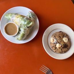 Fresh roll and vegan s'mores cookie. Fresh roll and vegan s'mores cookie.