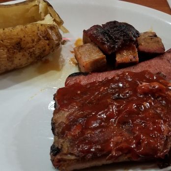 Mustang River Grill - Mixed bbq plate. Ribs, hot link, brisket, baked potato - Cocktail Bars Near Me - Parks, Arizona Mustang River Grill - Mixed bbq plate. Ribs, hot link, brisket, baked potato - Cocktail Bars Near Me - Parks, Arizona