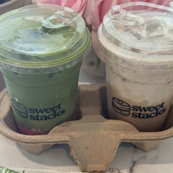Sweet Stacks - Left: strawberry Matcha Right: Banana cream latte - Pancakes Near Me - Fort Worth, Texas Sweet Stacks - Left: strawberry Matcha Right: Banana cream latte - Pancakes Near Me - Fort Worth, Texas