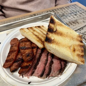 Best BBQ Santa Barbara - 2 meat combo - hot link, tri- tip, and garlic bread. The winning combo! - Barbeque Near Me - Santa Barbara, California