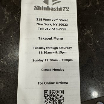 Shinbashi 72 - Their take out menu - Japanese Near Me - New York, New York