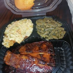 Just OK bbq ribs, greenbeans, Broccoli and cheese casserole and dry cornbread