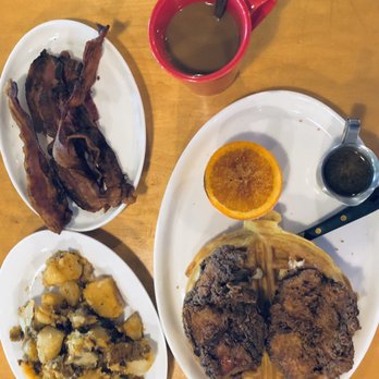 Rooster - Chicken and waffles, bacon, home fries and coffee - New American Near Me - Newington, Connecticut Rooster - Chicken and waffles, bacon, home fries and coffee - New American Near Me - Newington, Connecticut