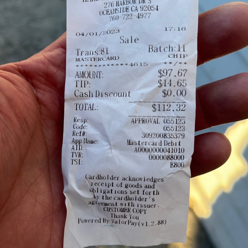 Harbor Fish & Chips - Receipt. Overcharged for a tip that they put on our check - Fish & Chips Near Me - Oceanside, California