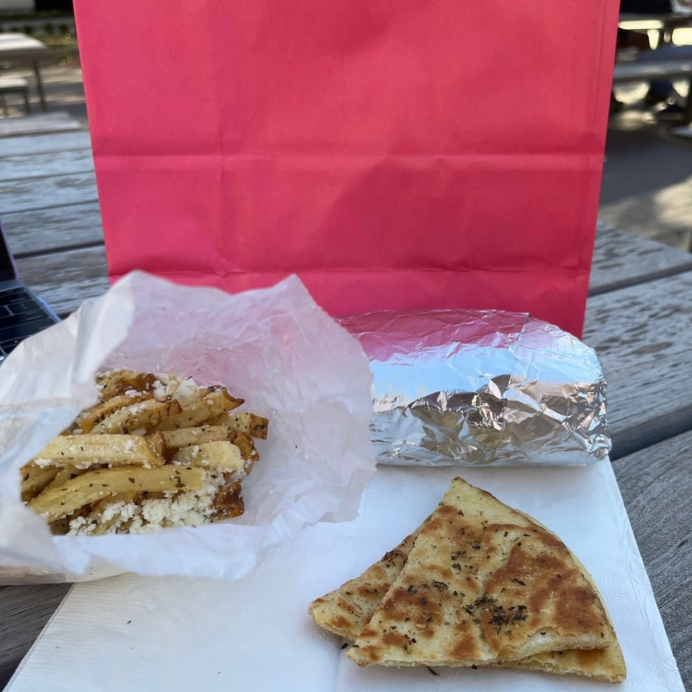 Greek Fries (GF), Pita (V), and Build Your Own Zurrito