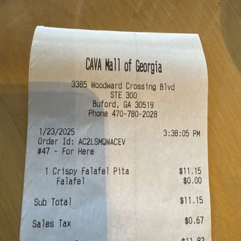 CAVA - Receipt verifying visit - Salad Near Me - Buford, Georgia