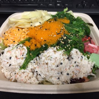 Poki Poki Encinitas - Regular 3 scoop protein with extra toppings on a bed is spring mix. - Poke Near Me - Encinitas, California
