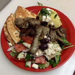 Gyro meat trio (basmati rice, Greek salad, pita wedges, topped with gyro meat and a side of homemade tzatziki sauce)