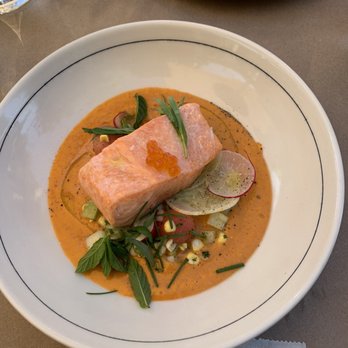 Bell's - Ora king salmon on an extraordinary summer vegetable gazpacho. - French Near Me - Los Alamos, California