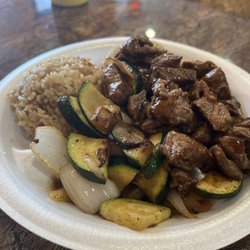 Sakura - Steak Habachi with rice. Zucchini and onions for veggies. I had them hold the cooked carrots that normally are served.