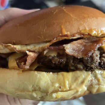 WNB Factory - Onion Ring Burger with Egg (I smooshed it together, so you don't see Onion Ring) - Chicken Wings Near Me - Carrollton, Texas
