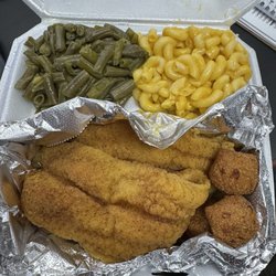 Ellens Homestyle & BBQ Express, llc - Catfish, Green String Beans, Mac & Cheese, hush puppy's. This is so good and an incredible portion.