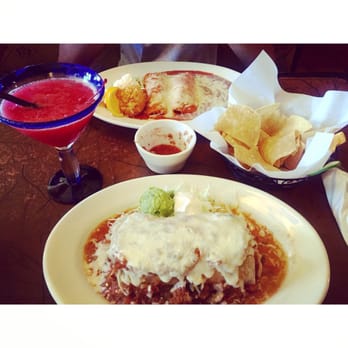 Los Compadres - Wet burrito with spicy sauce, free chips + salsa, enchilada, and strawberry margarita. - Mexican Near Me - Long Beach, California Los Compadres - Wet burrito with spicy sauce, free chips + salsa, enchilada, and strawberry margarita. - Mexican Near Me - Long Beach, California