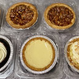 Apple, pecan, bourbon chocolate pecan, rum pecan, chocolate mousse, key lime, and coconut cream
