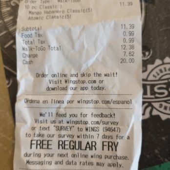 Wingstop - Bone in receipt - Chicken Wings Near Me - Slidell, Louisiana