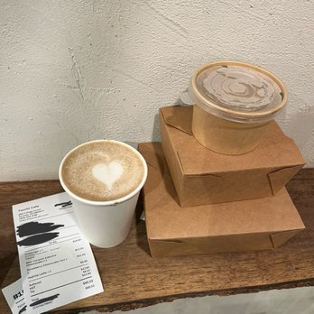 Tsuchi Cafe - hojicha latte  taro miso 2 takeout boxes with onigiri and cheesecake - Japanese Near Me - Toronto, Ontario