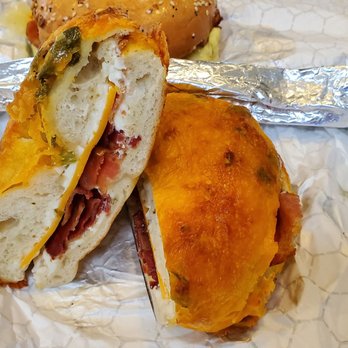 Shirley's Bagels - Jalapeno cheese bagel with plain cream cheese, bacon, and cheddar. Great but needs the cheddar inside to be melted more. - Bagels Near Me - Costa Mesa, California