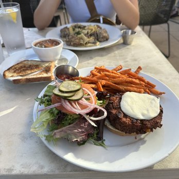 bellagreen - The (V) Burger (VEG) with sweet potato fries and side of Hearty Mushroom and Lentil Soup - New American Near Me - Dallas, Texas bellagreen - The (V) Burger (VEG) with sweet potato fries and side of Hearty Mushroom and Lentil Soup - New American Near Me - Dallas, Texas