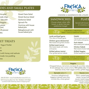 Freska Mediterranean Grill - Menu selections - 2 - Mediterranean Near Me - Middleton, Wisconsin Freska Mediterranean Grill - Menu selections - 2 - Mediterranean Near Me - Middleton, Wisconsin