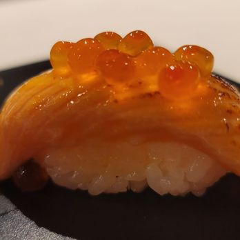 Tins - Salmon (seared with spicy mayo and yuzu miso with ikura) - Sushi Bars Near Me - Houston, Texas Tins - Salmon (seared with spicy mayo and yuzu miso with ikura) - Sushi Bars Near Me - Houston, Texas