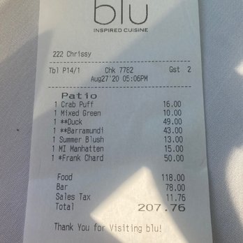 Blu - Dinner for two with appetizer, salad, entrees, pre-dinner cocktails, and a bottle of nice wine - A printed restaurant receipt from blu, an outdoor dining venue, listing food and beverage items with prices, date, and time. - French Near Me - Glen Arbor, Michigan