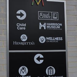 Henrietta’s Cafe - The sign close to the entrance advertising the businesses located inside. The Melrose Library should also be included.