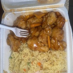 Wok To Go - Orange Chicken with shrimp fried rice and a crab Rangoon