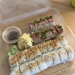 Diablo roll, spicy tuna roll, salmon roll Diablo roll, spicy tuna roll, salmon roll
