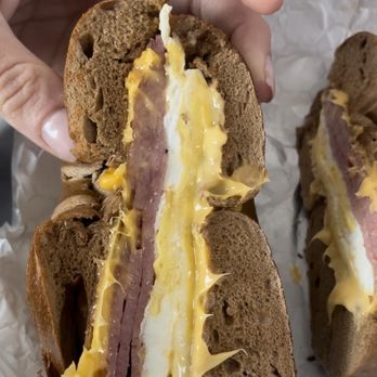 Bagelicious - Taylor Ham, Egg & Cheese on a Pumpernickel Bagel. - Delis Near Me - Rockaway, New Jersey Bagelicious - Taylor Ham, Egg & Cheese on a Pumpernickel Bagel. - Delis Near Me - Rockaway, New Jersey