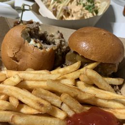 a hamburger and french fries