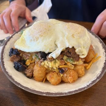 Doc’s Smokehouse - Brisket Scrambler with over easy on top - Barbeque Near Me - Titusville, Florida