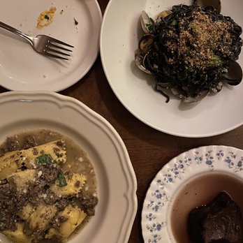 Ask For Luigi - (Left to right) - potato agnolotti bison argu, Nero spaghetti, short rib - Italian Near Me - Vancouver, British Columbia Ask For Luigi - (Left to right) - potato agnolotti bison argu, Nero spaghetti, short rib - Italian Near Me - Vancouver, British Columbia