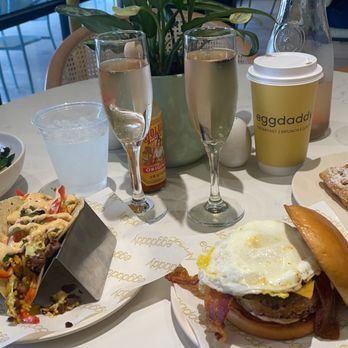 Eggdaddy - Benny bowl, Bangkok brisket taco, the Eggdaddy and a waffle with cranberry mimosas - Breakfast & Brunch Near Me - Dallas, Texas