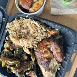 Quarter Chicken Meal  Brussel Sprouts and Carrots Fried Rice Plantains