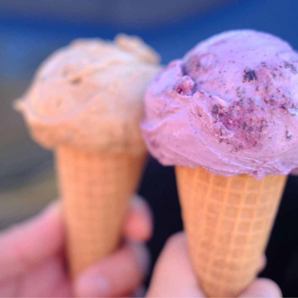 Coffee crunch + blueberry lavender honey on a sugar cone