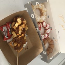 Korean half and half potato, and mochi donuts- island, strawberry funnel and churro flavors.