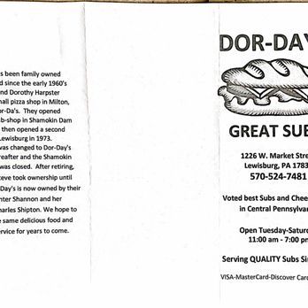 Dor Day's Sub Shop - Dor-Day's Sub Shop menu - cover - Delis Near Me - Lewisburg, Pennsylvania Dor Day's Sub Shop - Dor-Day's Sub Shop menu - cover - Delis Near Me - Lewisburg, Pennsylvania