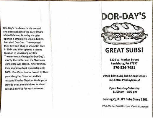 Menu photo 2 Dor Day's Sub Shop Lewisburg, PA Menu photo 2 Dor Day's Sub Shop Lewisburg, PA
