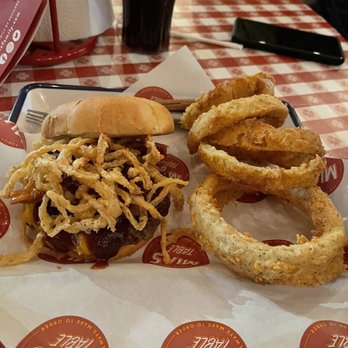 Mia's Table - The hickory burger with Ro-Ro's Onion Rings - American Near Me - Webster, Texas Mia's Table - The hickory burger with Ro-Ro's Onion Rings - American Near Me - Webster, Texas