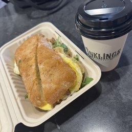 Steak and eggs sandwich and cookie butter latte Steak and eggs sandwich and cookie butter latte