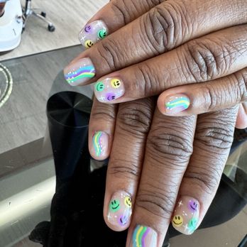 Polish Bar - Multi color wave design with smiley faces and sparkly detailing. - Nail Salons Near Me - North Hollywood, California Polish Bar - Multi color wave design with smiley faces and sparkly detailing. - Nail Salons Near Me - North Hollywood, California