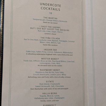 Undercote - Cocktails menu. Sat night 2019-10-19 - Speakeasies Near Me - New York, New York